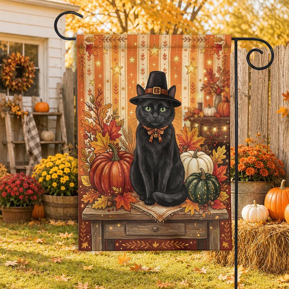Thanksgiving Black Cat Garden Flag – Pilgrim Hat, Fall Harvest Pumpkins & Autumn Yard Decor, Rustic Witchy Outdoor Porch Banner