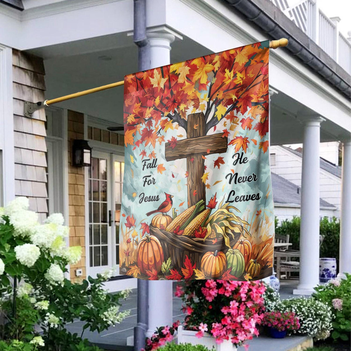 Fall for Jesus He Never Leaves Double-Sided Garden Flag – Pumpkin & Red Cardinals Fall House Flag, Christian Thanksgiving Yard Decor