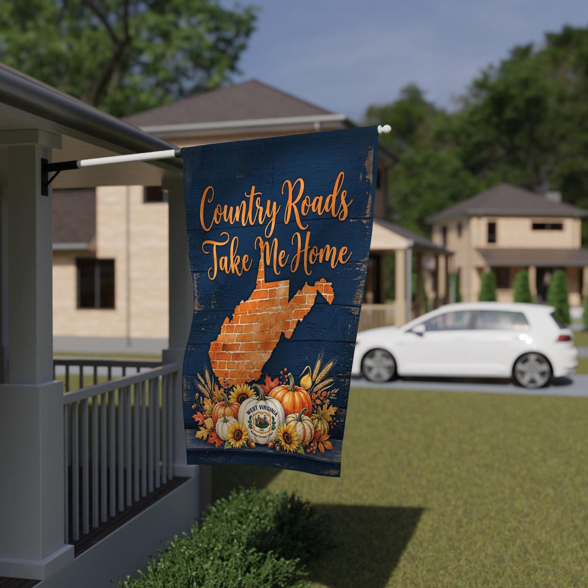 "Country Roads" West Virginia Fall Pumpkin Garden Flag
