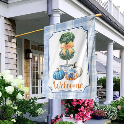 Chinoiserie Topiary Pumpkin Double-Sided Garden Flag – Preppy Blue & White Fall Decor, Grandmillennial Autumn House Flag
