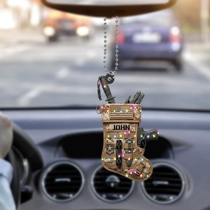 Personalized Tactical Camo Stocking Ornament – Custom Military Gear Christmas Tree Decor, Car Rearview Mirror Charm, Veteran Gift