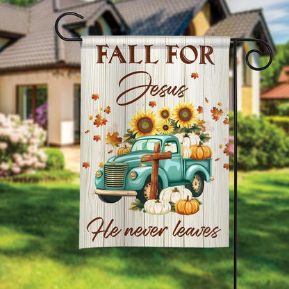 Fall for Jesus He Never Leaves Double-Sided Garden Flag – Pumpkin Farm Truck House Flag, Christian Thanksgiving Fall Yard Decor