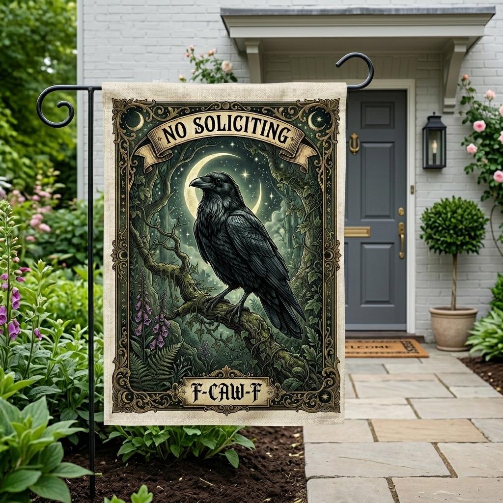Funny No Soliciting Garden Flag: Snarky Raven Outdoor Sign