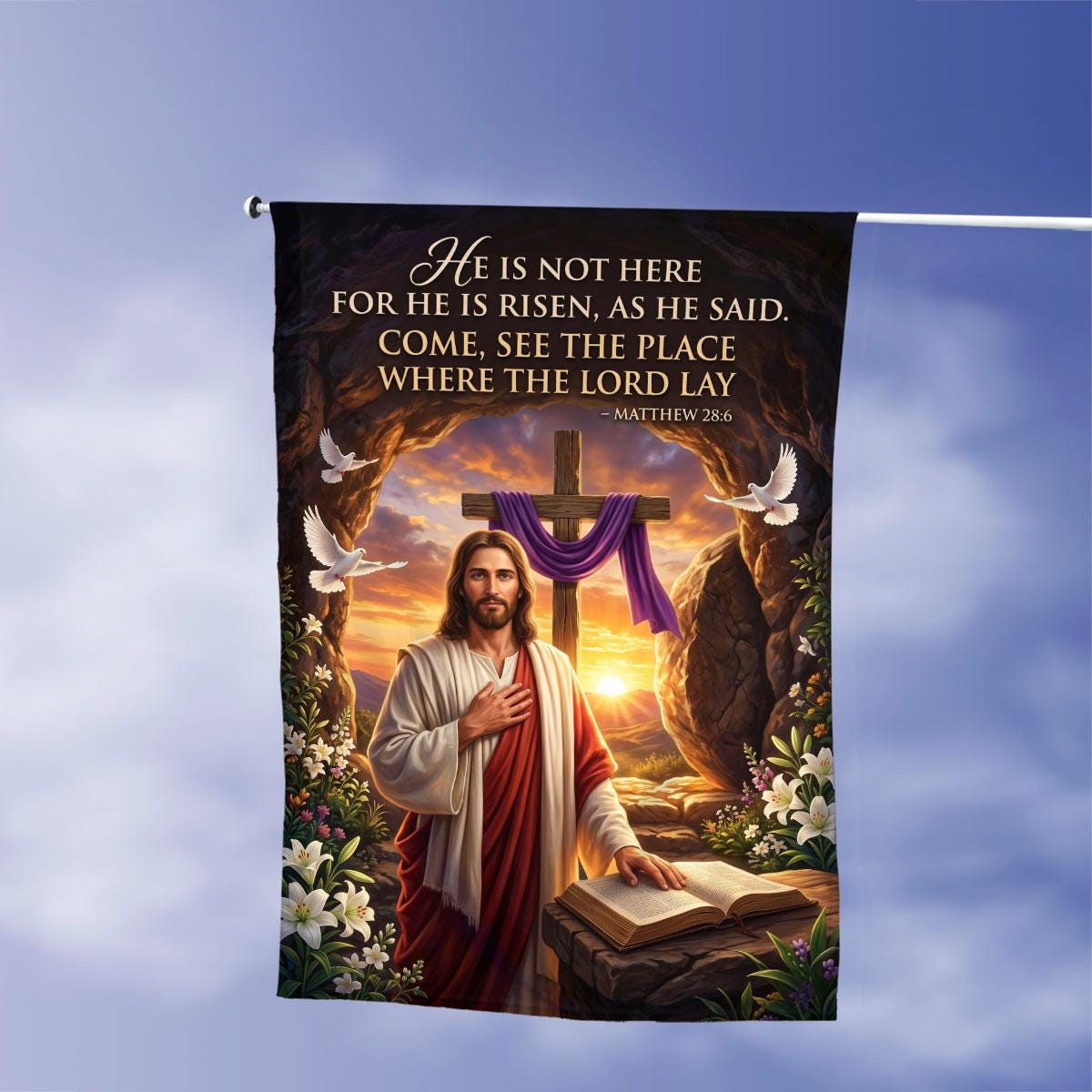 "He Is Risen" Easter Christian Flag with Cross & Flowers