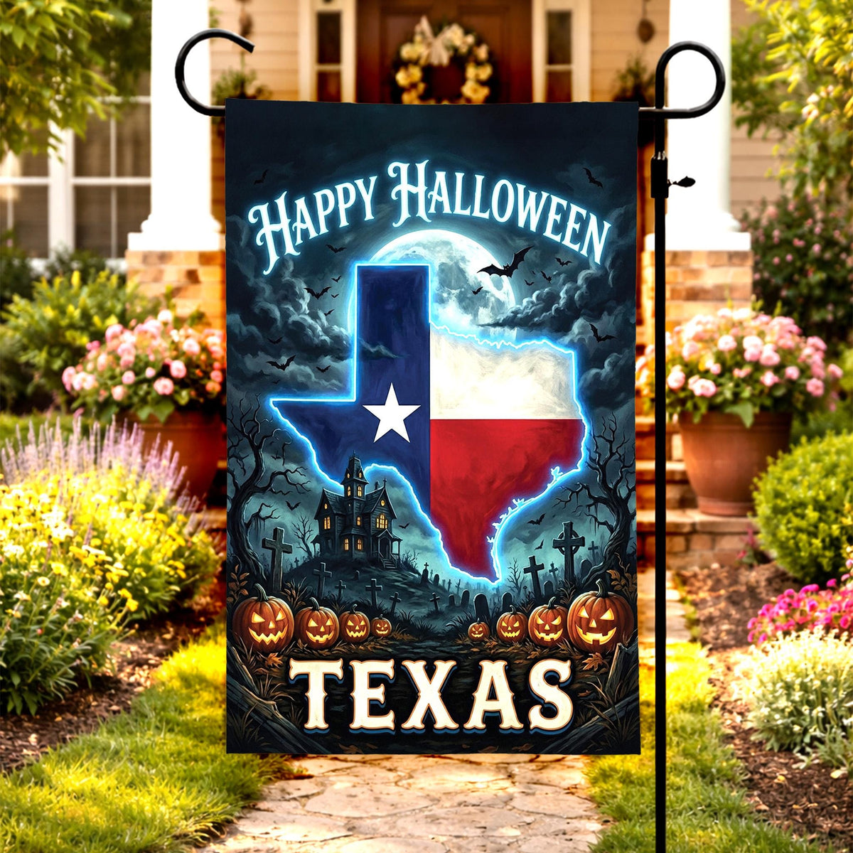 Texas Happy Halloween Garden Flag – Spooky Haunted House & Pumpkin Yard Decor, Neon Texas Fall Porch Outdoor Banner