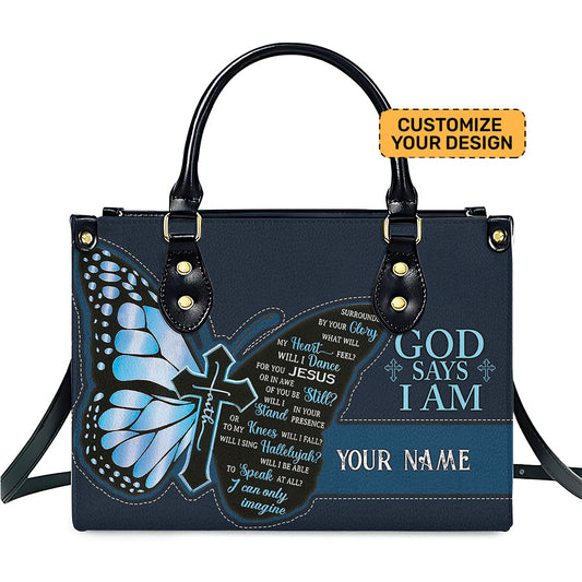 Custom Christian Butterfly Leather Handbag – “God Says I Am” Faith Motivational Handbag ID-0416-ABKR