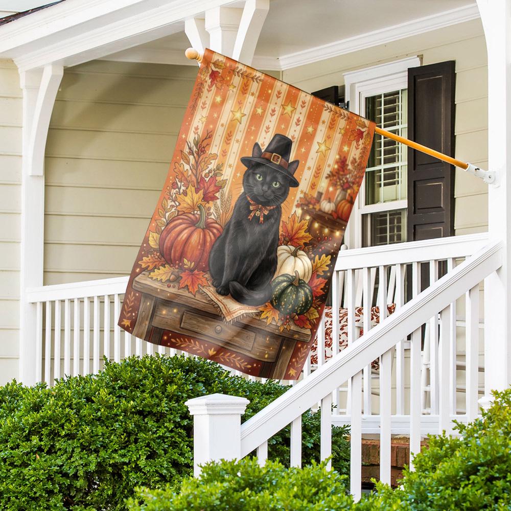 Thanksgiving Black Cat Garden Flag – Pilgrim Hat, Fall Harvest Pumpkins & Autumn Yard Decor, Rustic Witchy Outdoor Porch Banner