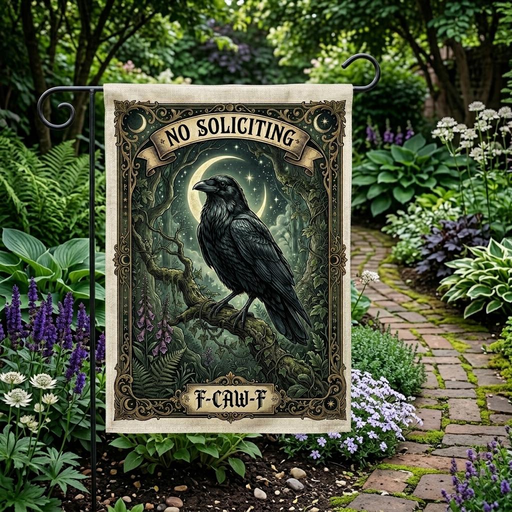 Funny No Soliciting Garden Flag: Snarky Raven Outdoor Sign