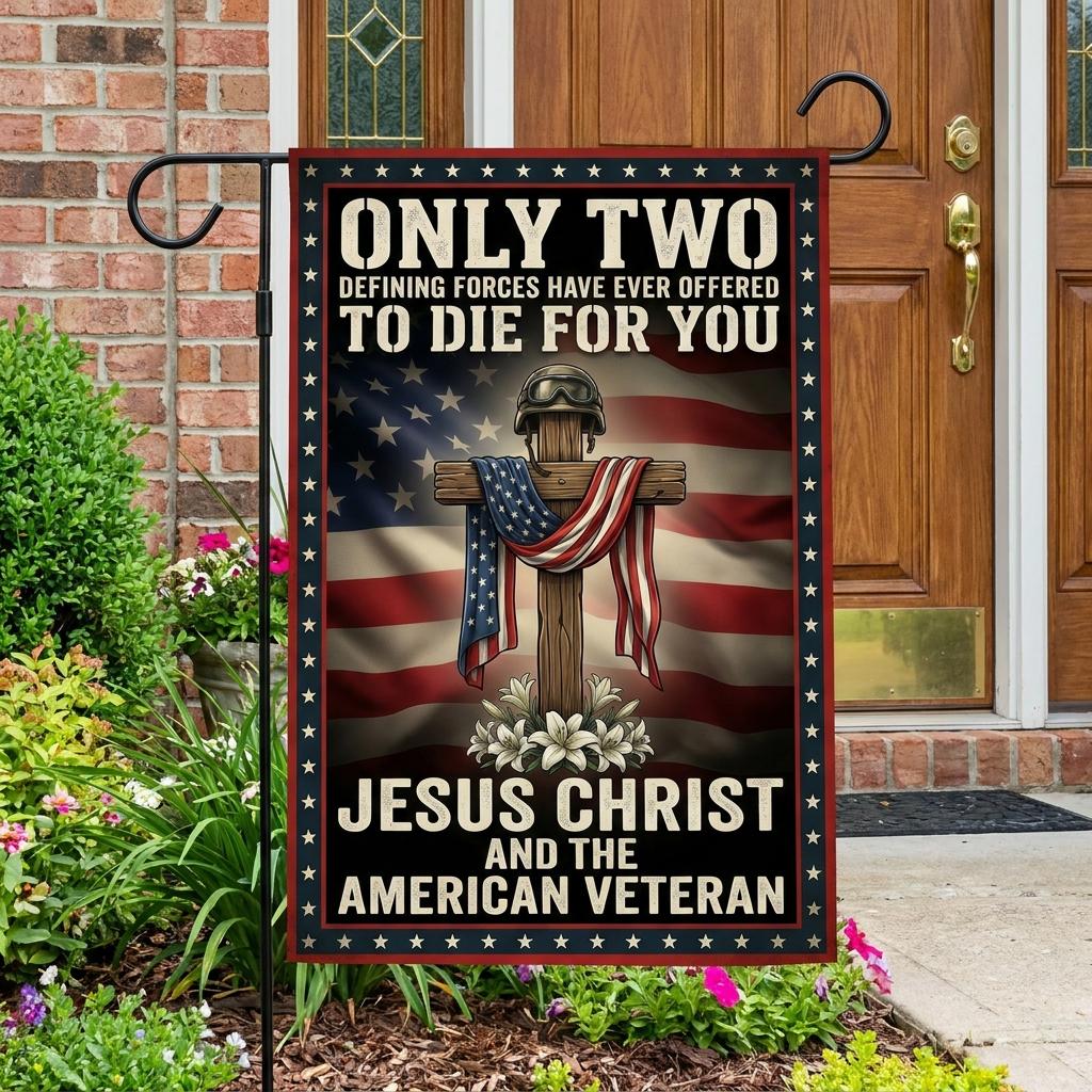 Jesus Christ and American Veteran Garden Flag - Patriotic Christian Decor