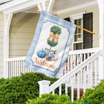 Chinoiserie Topiary Pumpkin Double-Sided Garden Flag – Preppy Blue & White Fall Decor, Grandmillennial Autumn House Flag