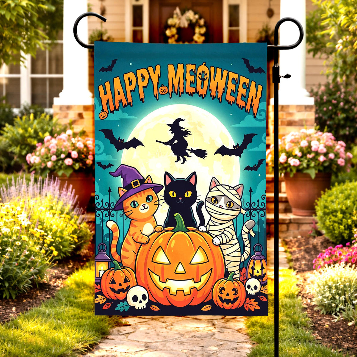 Happy Meoween Garden Flag - Cute Mummy Witch Cats Halloween Yard Banner