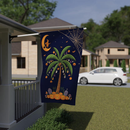 Tropical Halloween Garden Flag – Coastal Beach Fall Yard Decor, Spooky Palm Trees & Pumpkins Outdoor Porch Banner