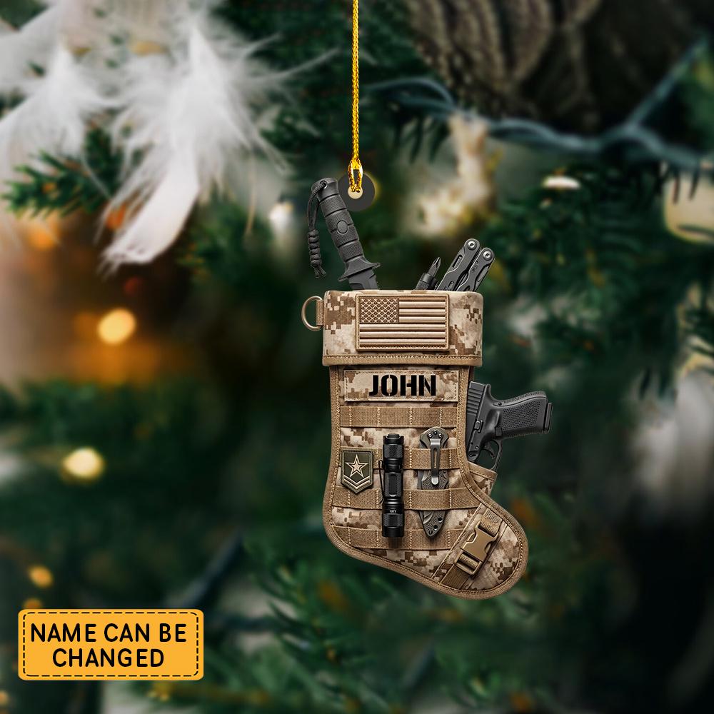 Personalized Tactical Camo Stocking Ornament – Custom Military Gear Christmas Tree Decor, Car Rearview Mirror Charm, Veteran Gift