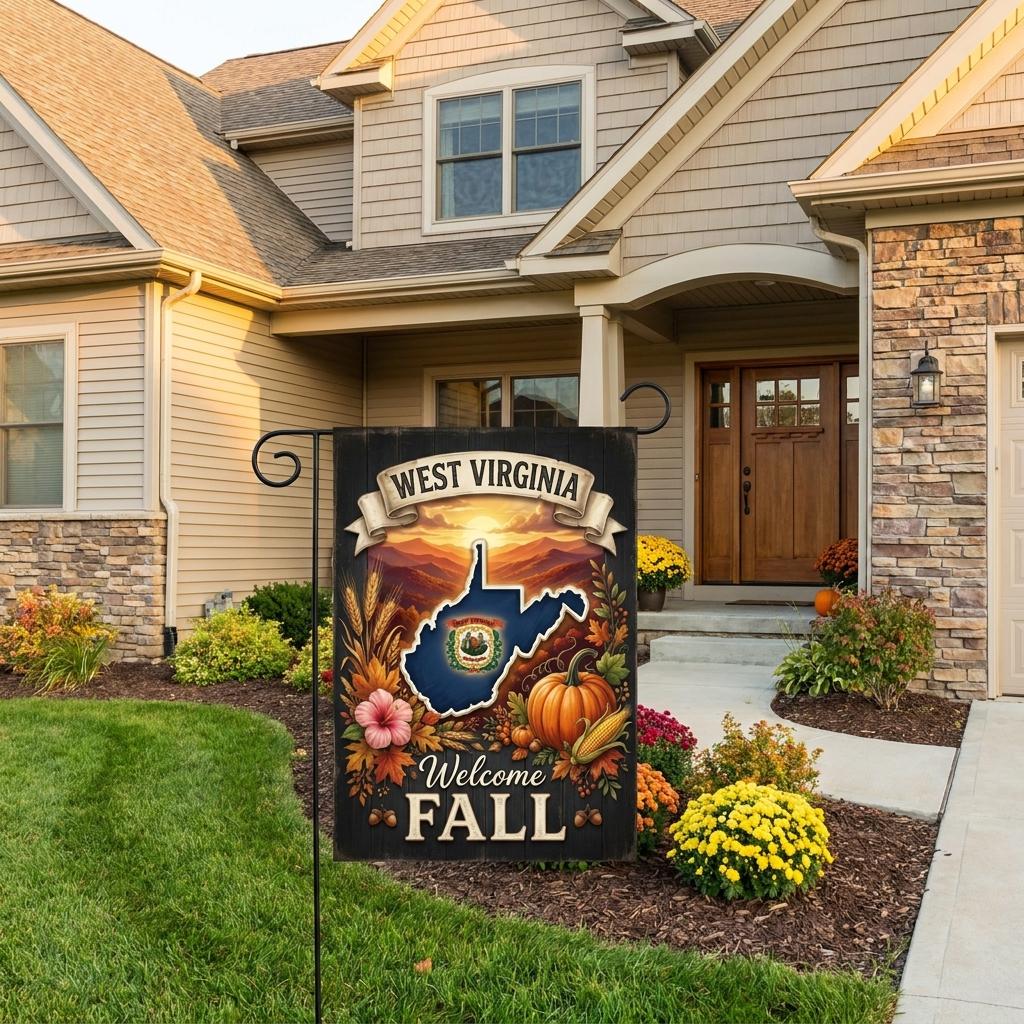 West Virginia Fall Garden Flag, Autumn Mountain Yard Sign, State Pride Pumpkin Decor, Rustic Farmhouse Harvest Outdoor Banner