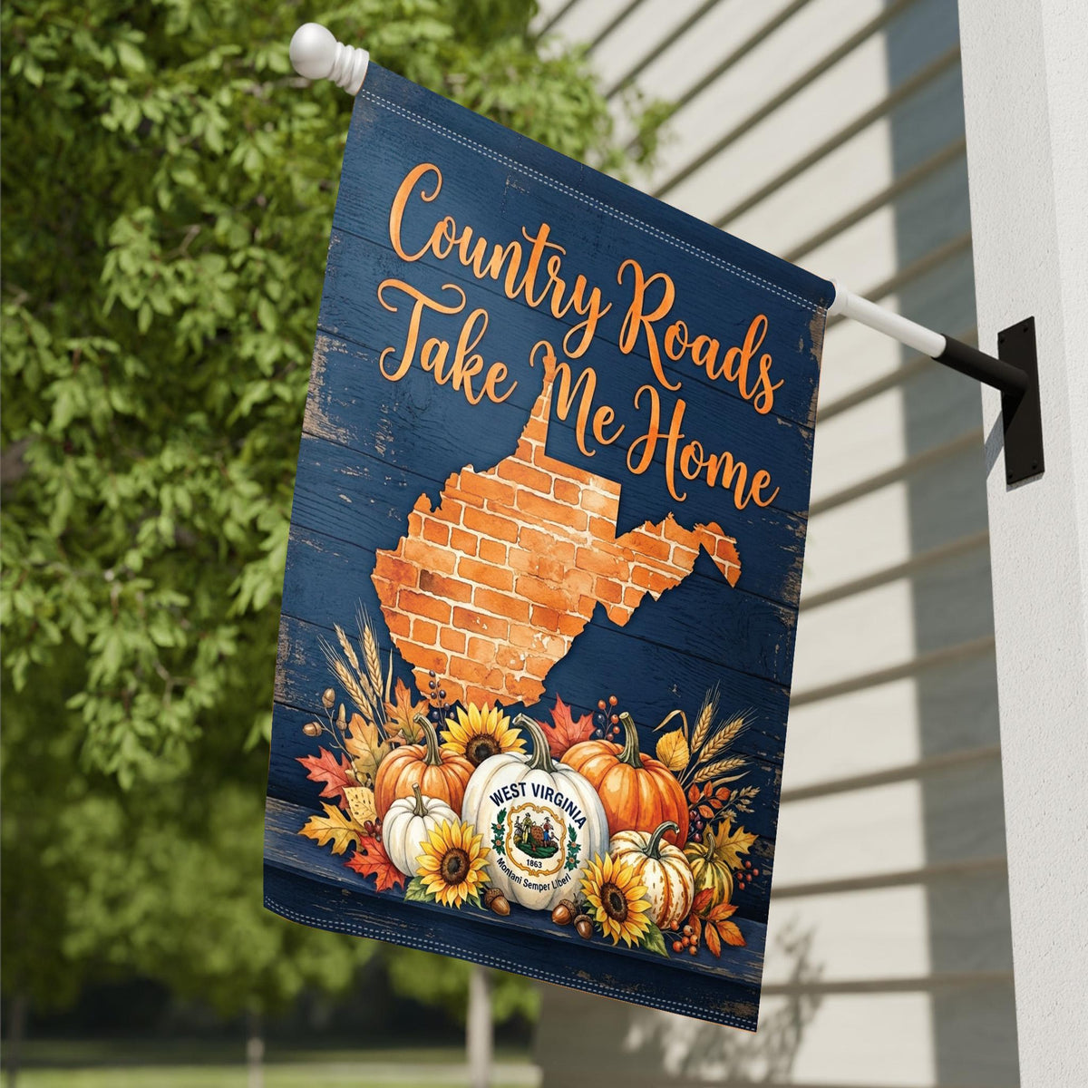 "Country Roads" West Virginia Fall Pumpkin Garden Flag