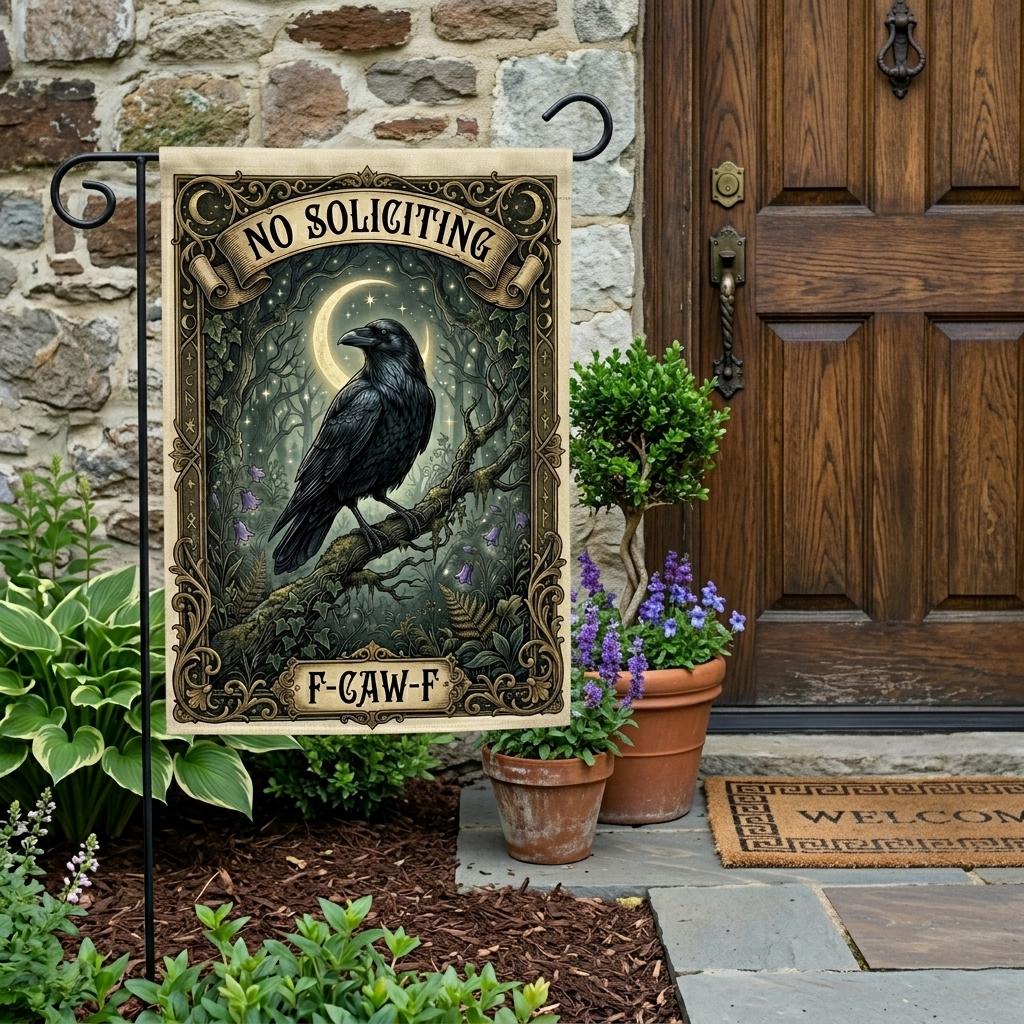 Gothic Raven "No Soliciting" Garden Flag - Funny Yard Decor