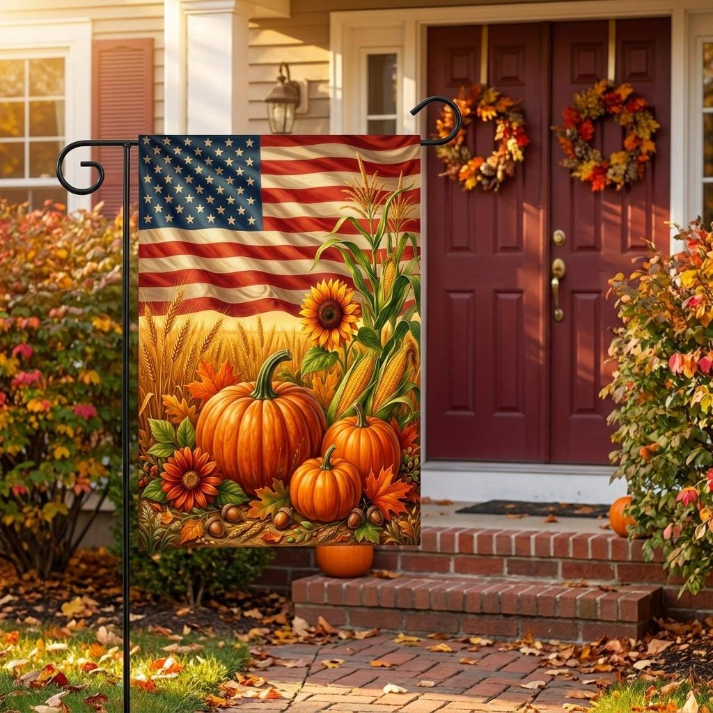 American Fall Harvest Garden Flag – Patriotic Autumn Rustic Corn, Pumpkins & Sunflowers Outdoor Yard Banner