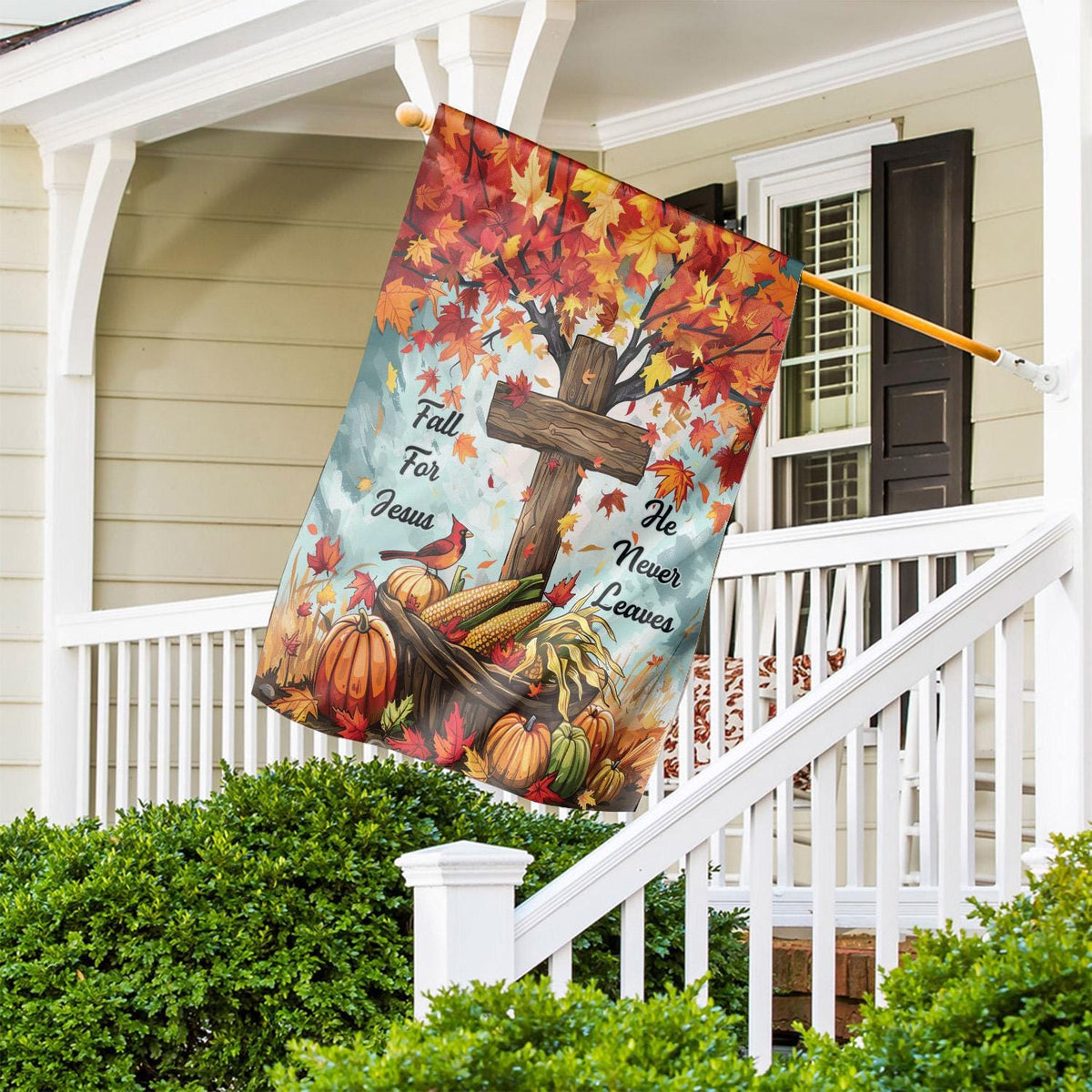 Fall for Jesus He Never Leaves Double-Sided Garden Flag – Pumpkin & Red Cardinals Fall House Flag, Christian Thanksgiving Yard Decor