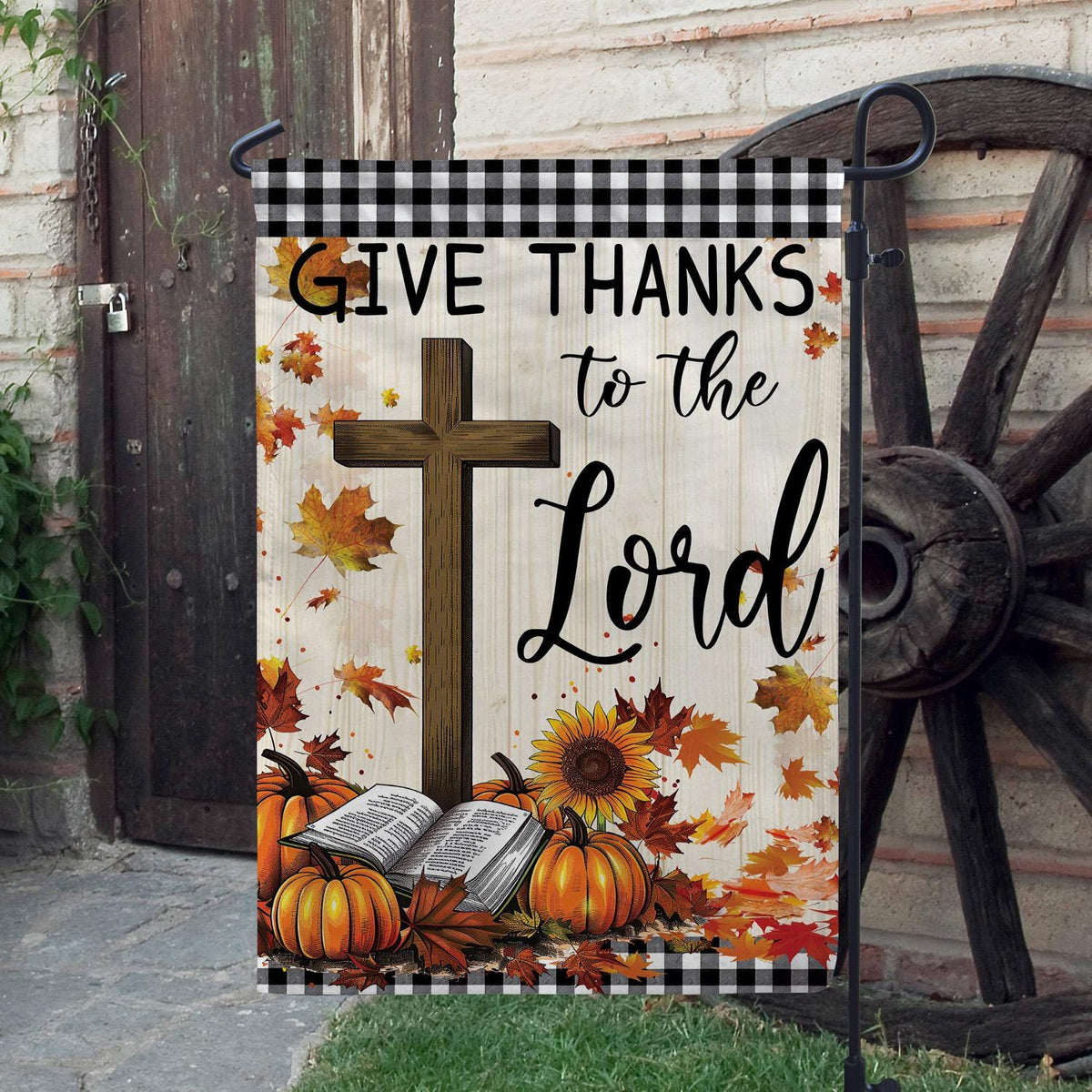 Give Thanks to the Lord Double-Sided Garden Flag – Christian Fall Pumpkin & Cross House Flag, Thanksgiving Yard Decor
