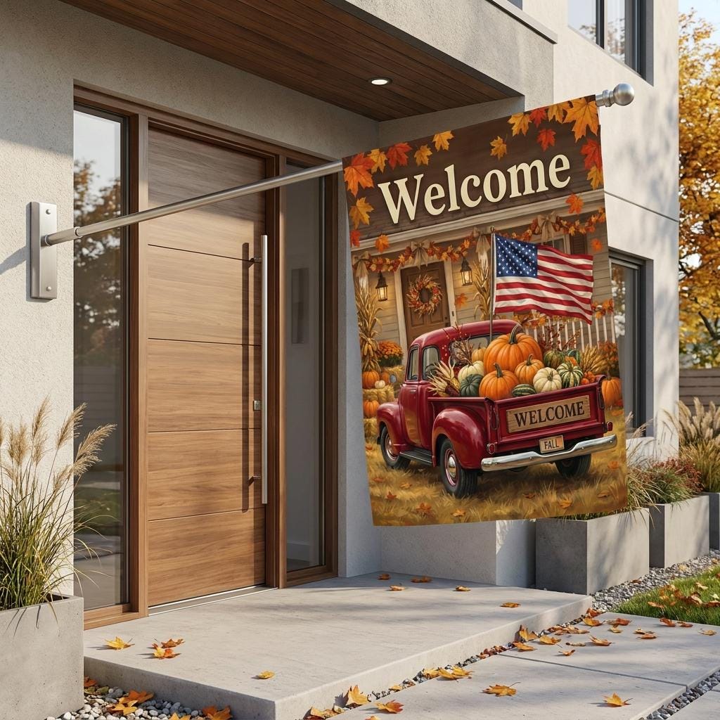 Rustic Farmhouse Fall Pumpkin House Flag - Welcome Decor