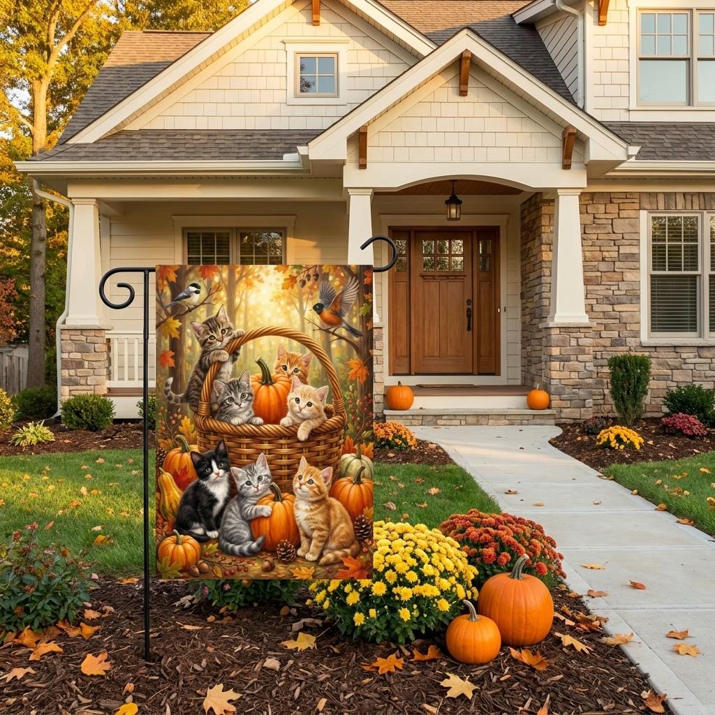 Kittens in Pumpkin Basket Fall Garden Flag – Cute Cats Autumn Yard Decor, Forest Birds Seasonal Outdoor Banner, Pet Lover Gift