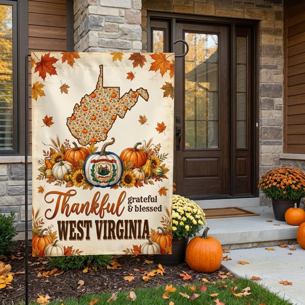 West Virginia Garden Flag, Thankful Grateful Blessed Autumn Pumpkin Yard Sign, Rustic Farmhouse State Pride Outdoor Decor