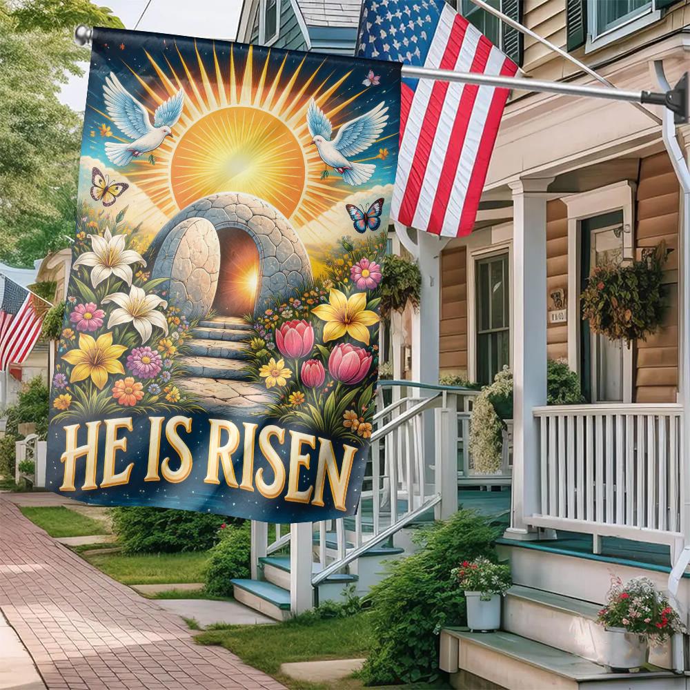 "He Is Risen" Empty Tomb Garden Flag - Christian Easter Decor
