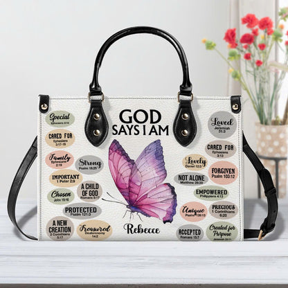 God Says I am Bible Verse Leather Handbag- Butterfly Inspirational Handbag for Christian ID-0321-RB1T