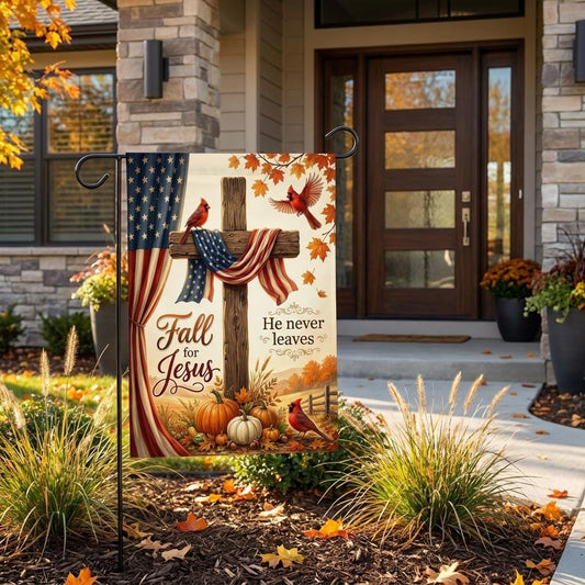 Fall for Jesus Garden Flag – American Flag Cross Yard Decor, Red Cardinals & Pumpkins Christian Autumn Thanksgiving Outdoor Banner