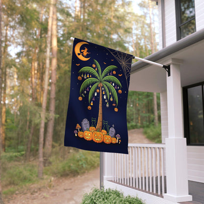 Tropical Halloween Garden Flag – Coastal Beach Fall Yard Decor, Spooky Palm Trees & Pumpkins Outdoor Porch Banner