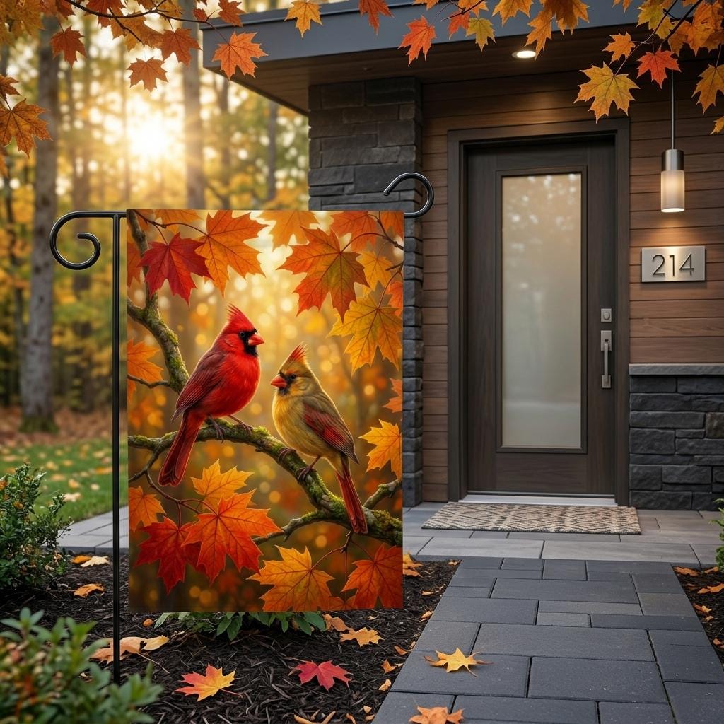 Two Northern Cardinals Fall Garden Flag — Autumn Bird Yard Decor