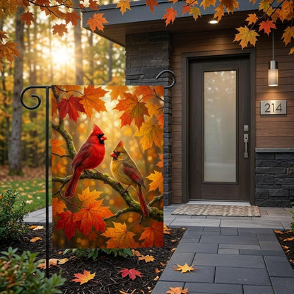 Two Northern Cardinals Fall Garden Flag — Autumn Bird Yard Decor