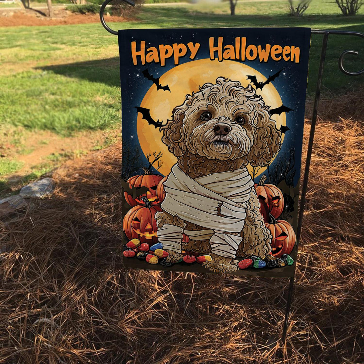 Happy Halloween Mummy Dog Garden Flag — Cute Cockapoo Fall Porch Decor