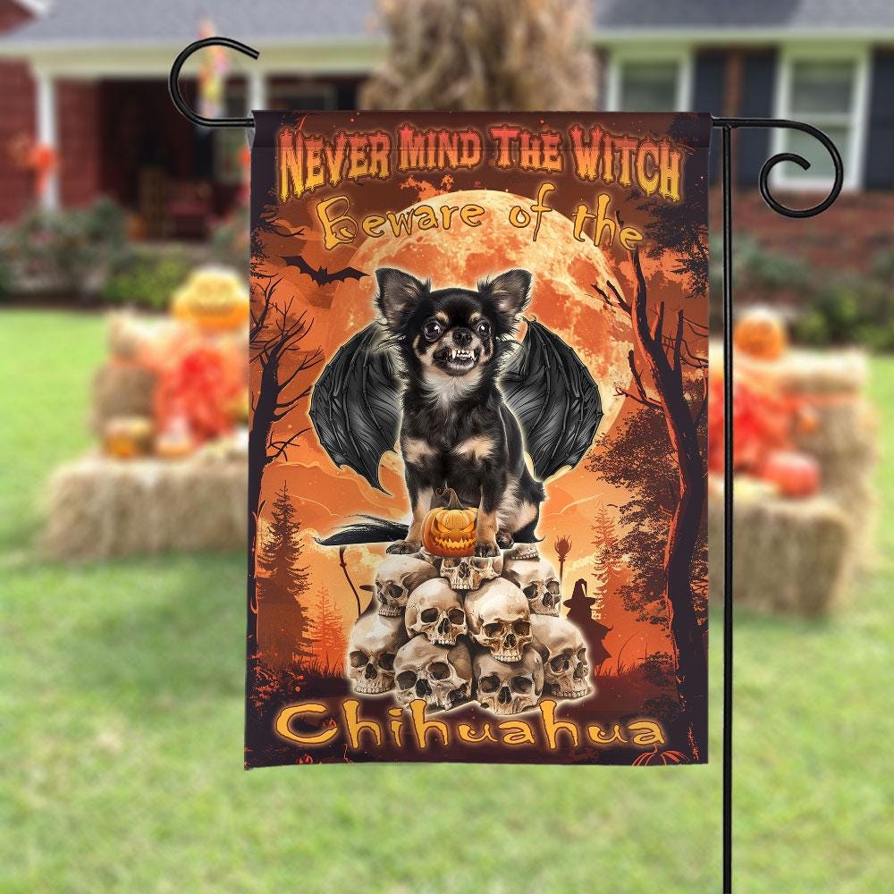 Never Mind the Witch Beware of the Chihuahua Double-Sided Garden Flag – Funny Halloween Dog Yard Decor, Spooky Fall House Banner