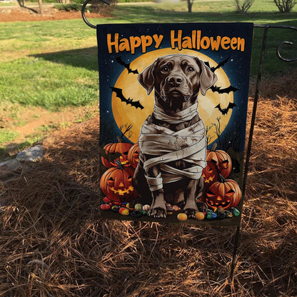 Happy Halloween Labrador Retriever Double-Sided Garden Flag – Mummy Dog & Pumpkin Yard Decor, Spooky Fall Outdoor House Banner