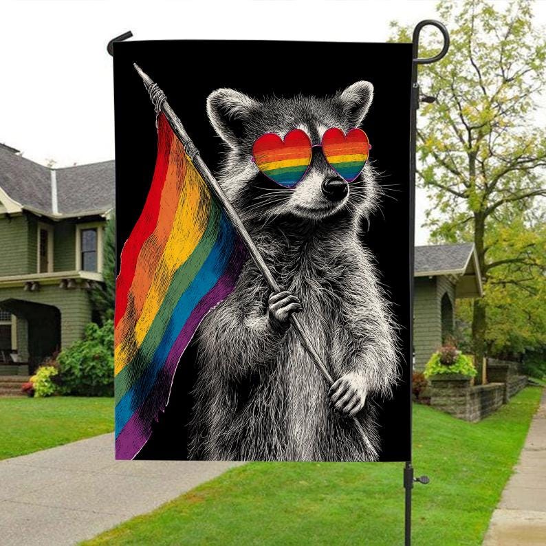 Raccoon LGBTQ Pride Garden Flag: Cute Rainbow Yard Art