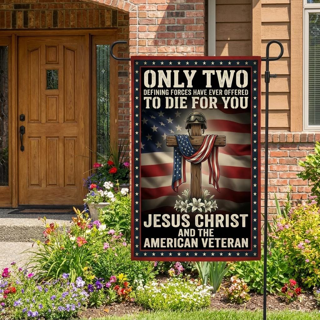 Jesus Christ and American Veteran Garden Flag - Patriotic Christian Decor