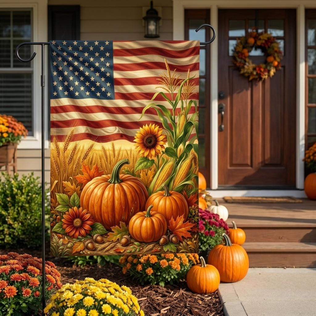 American Fall Harvest Garden Flag – Patriotic Autumn Rustic Corn, Pumpkins & Sunflowers Outdoor Yard Banner