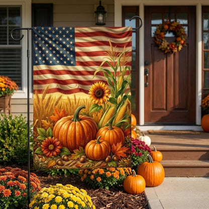 American Fall Harvest Garden Flag – Patriotic Autumn Rustic Corn, Pumpkins & Sunflowers Outdoor Yard Banner