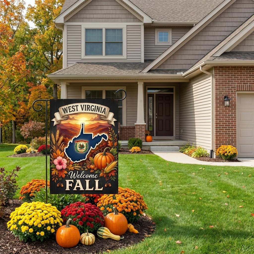 West Virginia Fall Garden Flag, Autumn Mountain Yard Sign, State Pride Pumpkin Decor, Rustic Farmhouse Harvest Outdoor Banner