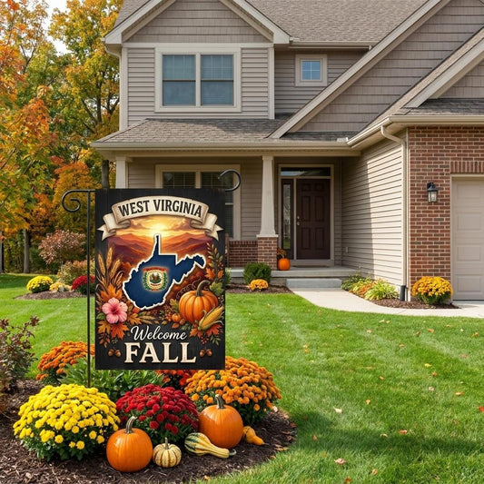 West Virginia Fall Garden Flag, Autumn Mountain Yard Sign, State Pride Pumpkin Decor, Rustic Farmhouse Harvest Outdoor Banner