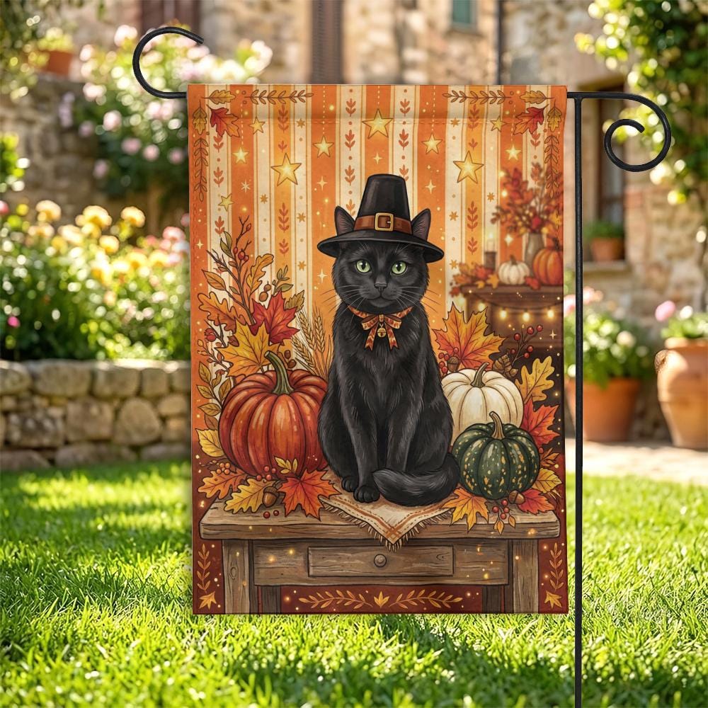 Thanksgiving Black Cat Garden Flag – Pilgrim Hat, Fall Harvest Pumpkins & Autumn Yard Decor, Rustic Witchy Outdoor Porch Banner
