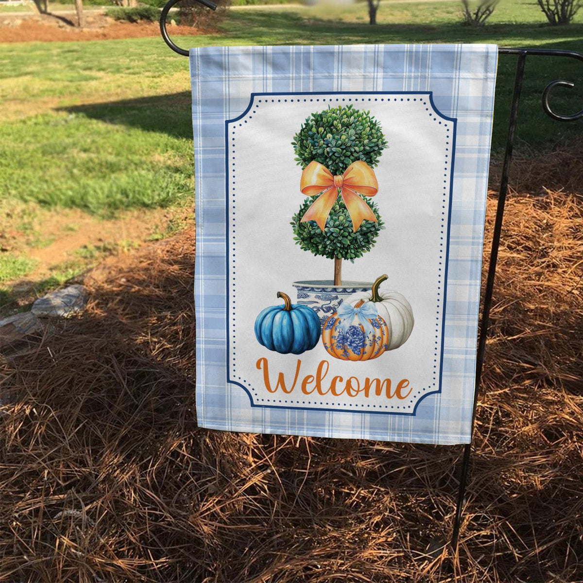 Chinoiserie Topiary Pumpkin Double-Sided Garden Flag – Preppy Blue & White Fall Decor, Grandmillennial Autumn House Flag