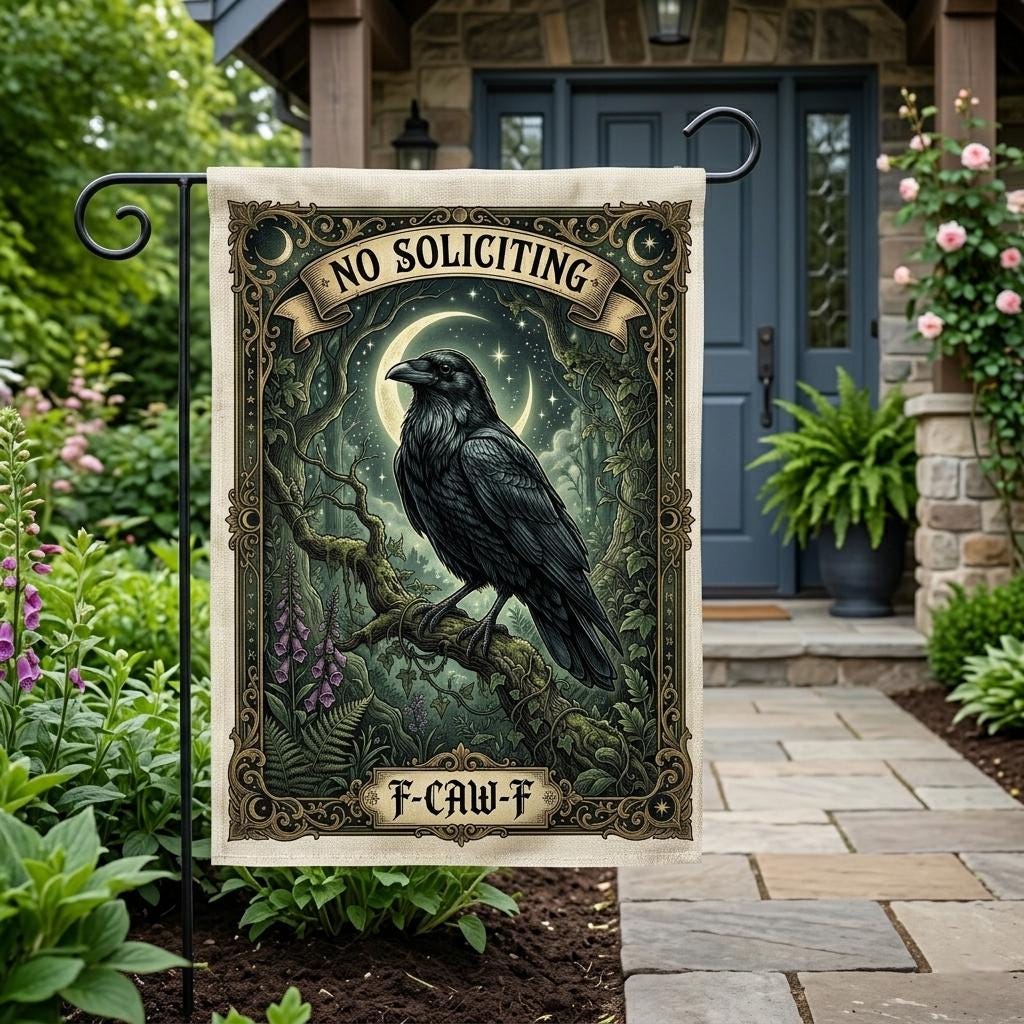 Funny No Soliciting Garden Flag: Snarky Raven Outdoor Sign