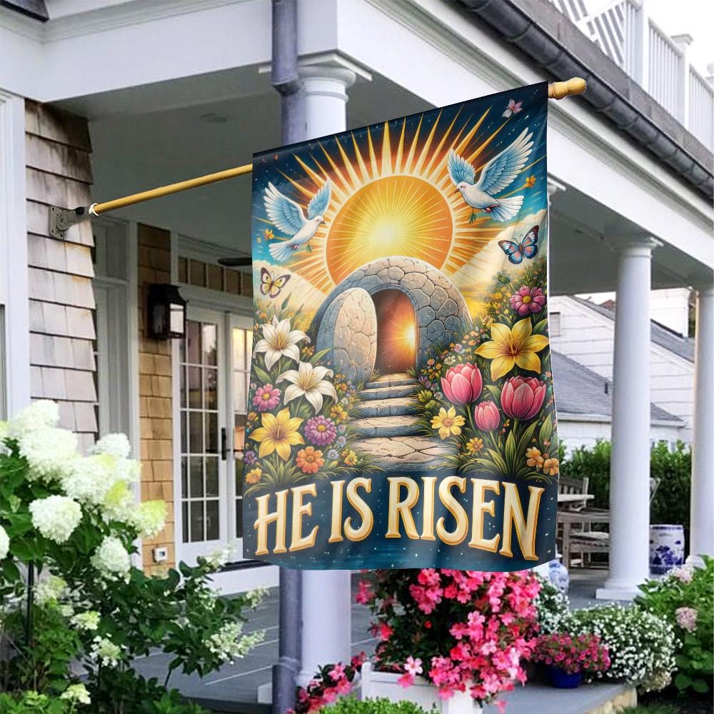 "He Is Risen" Empty Tomb Garden Flag - Christian Easter Decor