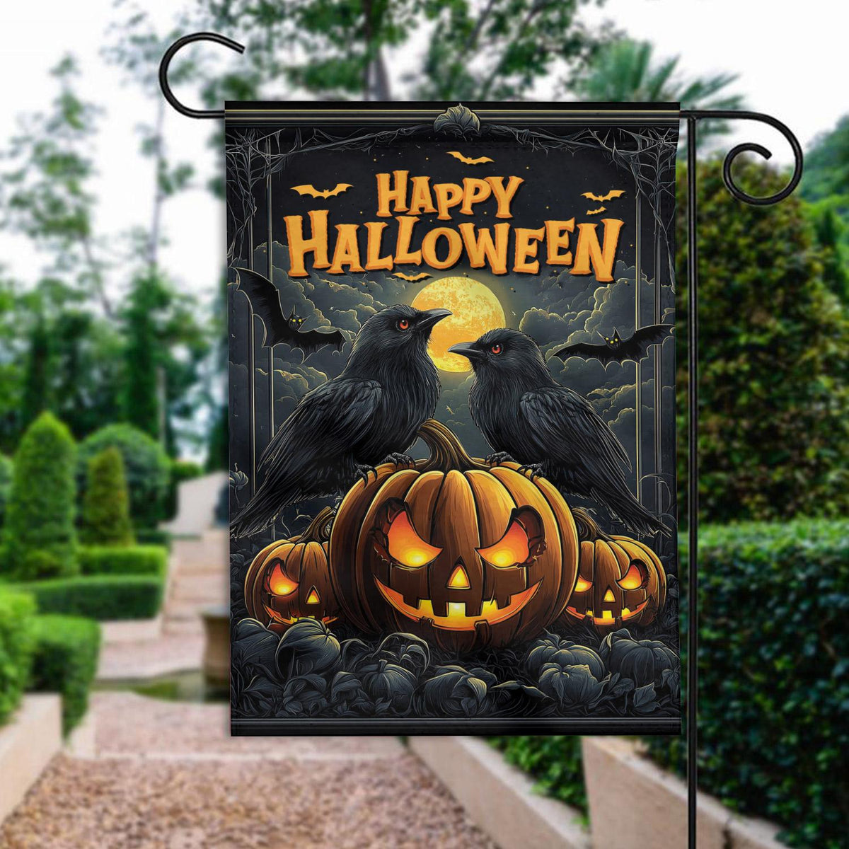 Happy Halloween Double-Sided Garden Flag – Pumpkin House Flag, Spooky Fall Porch Decor, Halloween Yard & Outdoor Banner