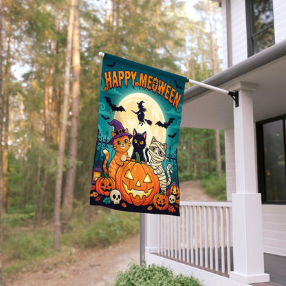 Happy Meoween Garden Flag - Cute Mummy Witch Cats Halloween Yard Banner