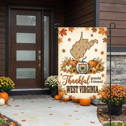 West Virginia Garden Flag, Thankful Grateful Blessed Autumn Pumpkin Yard Sign, Rustic Farmhouse State Pride Outdoor Decor