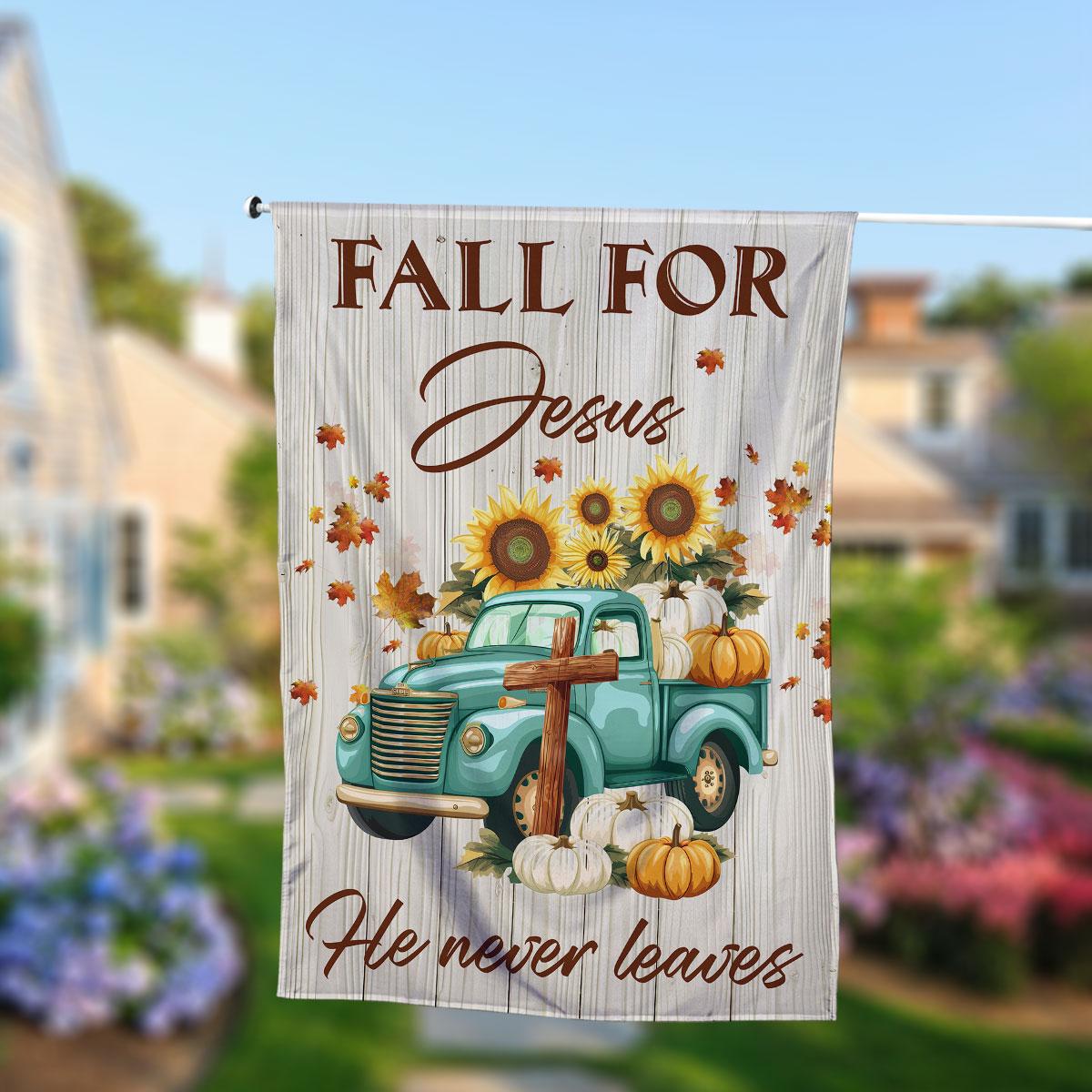 Fall for Jesus He Never Leaves Double-Sided Garden Flag – Pumpkin Farm Truck House Flag, Christian Thanksgiving Fall Yard Decor