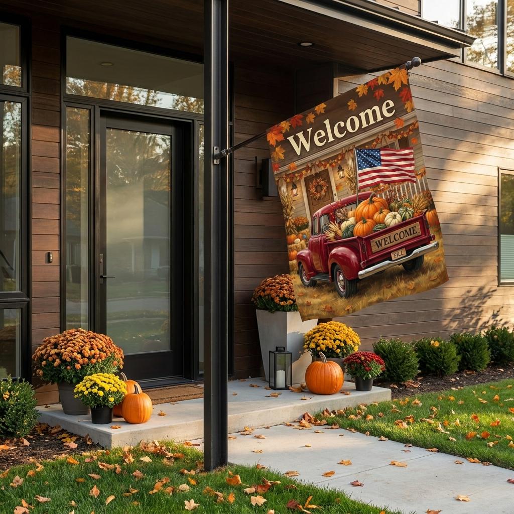 Vintage Red Truck Fall Garden Flag — Pumpkin Harvest Welcome Yard Decor
